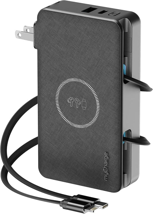 myCharge RetractaCharger 10000mAh Portable Charger Power Bank with 28-Inch Retractable USB-C & Lightning Cables | Qi Wireless Charging | Built-in Wall Plug | Premium Fabric | Digital Display