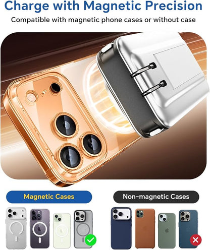 DR.HILL Magnetic Battery Pack Real Capacity 10000mAh, 22.5W Fast Charging Portable Charger with Built-in Cables & AC Wall Plug, Foldable Stand Power Bank for Apple Watch Phone 17/16/15/14/13 (White)