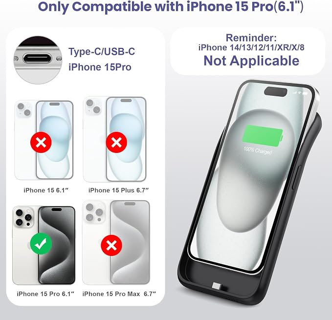 Feob Battery Case for iPhone 15Pro (6.1Inch), Real 7500mAh Ultra Slim Portable & 15W Fast Charging, Rechargeable Protective Extended Charger Case Cover Only for iPhone 15Pro Charging Case-Black