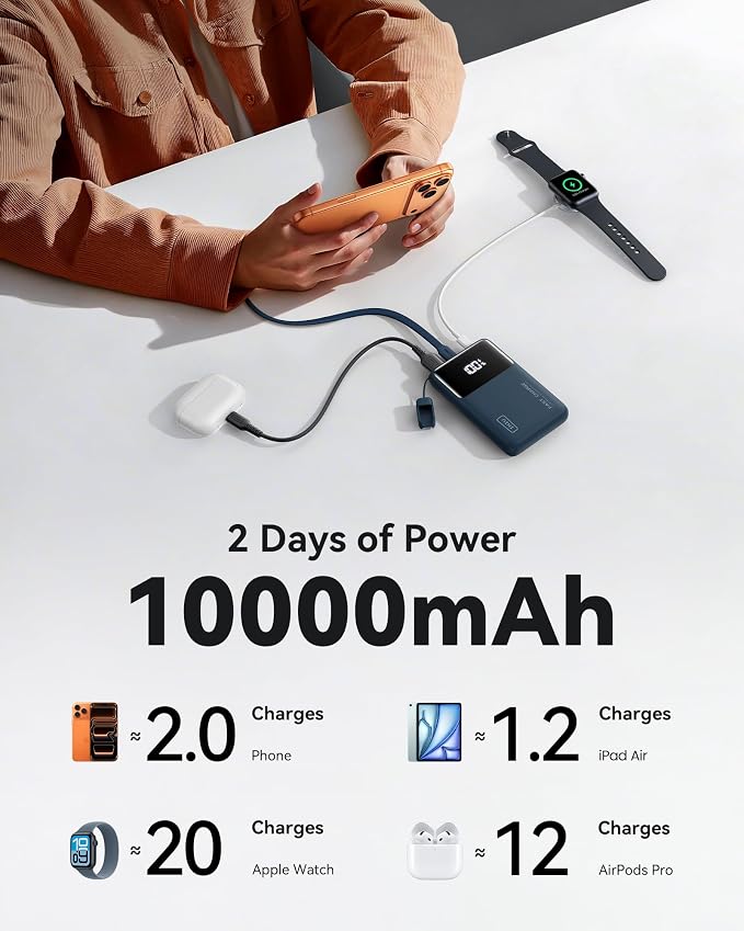 INIU Ultra Compact Power Bank, 10000mAh 45W Fast Charging Portable Charger with Detachable USB-C Cable & Stand, Flight-Safe Travel Battery Pack for Campus, Camping, for Boys, Blue
