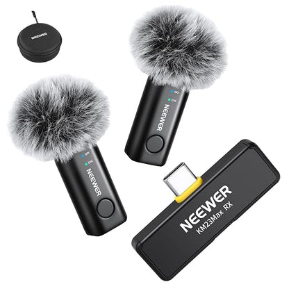 NEEWER KM23Max Wireless Lavalier Microphone 48KHz/24Bit 328ft Range 8H Battery Noise Cancelling Omnidirectional Mini USB C Mic Compatible with DJI Insta360 iPhone Android Phone PC (1x RX + 2X TX)
