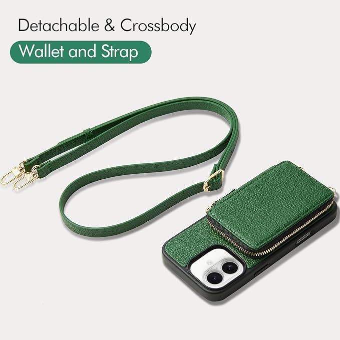 ZVE for iPhone 16 Wallet Case, Leather Crossbody Phone Purse Case with Card Holder, Protective Flip Case for iPhone 16 6.1" Dark Green