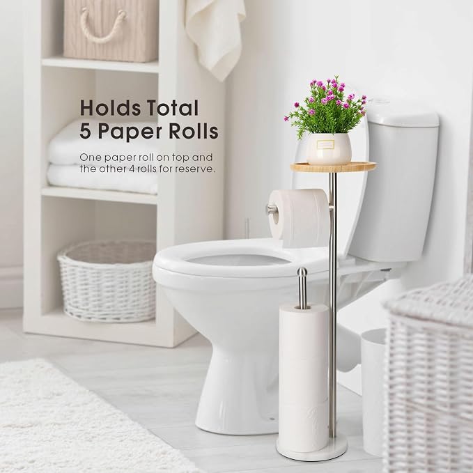 Toilet Paper Holder Stand with 7.9" Big Bamboo Tray, 2.2Lbs Heavier Marble Base, Floor Standing Paper Holder Stand with Phone Shelf, Reserve for 4 Rolls (Brushed Nickel)