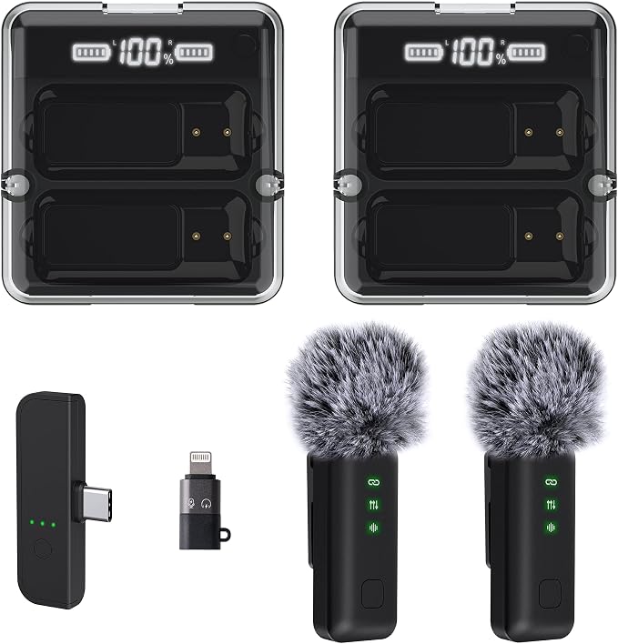 IVANKY 4Pcs Wireless Lavalier Microphone for iPhone with 2Pcs Charging Case, Lapel Mic for iPhone Android with Noise Cancellation, AI Voice Filter, 34H Used for Video Recording, TikTok, Vlog (2PCS)