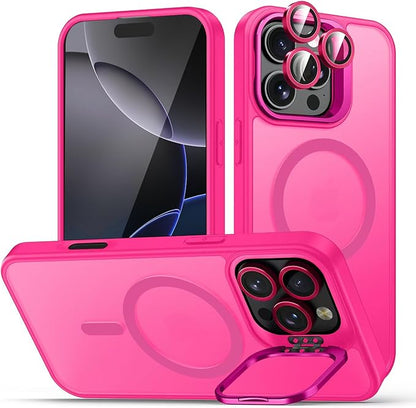 for iPhone 16 Pro Max Case, Compatible with MagSafe, Built-in Camera Ring Stand, with Individual Camera Cover, Translucent Matte Military-Grade Drop Protection Magnetic Case, Hot Pink
