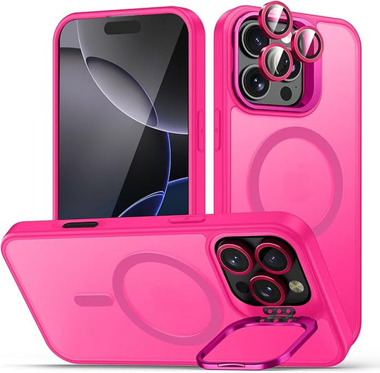 for iPhone 16 Pro Max Case, Compatible with MagSafe, Built-in Camera Ring Stand, with Individual Camera Cover, Translucent Matte Military-Grade Drop Protection Magnetic Case, Hot Pink