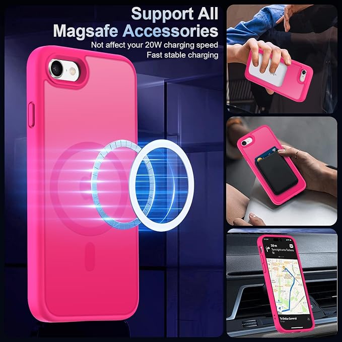 MOCCA Strong Magnetic for iPhone SE Case 2022/iPhone SE 2020 Case/iPhone 7 Case/iPhone 8 Case [Compatible with Magsafe] Slim Thin Translucent Matte Protective Cover Phone Case 4.7'', Hot Pink