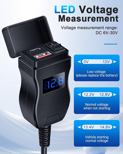 EXTRACTME Motorcycle USB Charger, Dual USB Type C PD & Quick Charge 3.0 Motorcycle Phone Charger with Voltmeter & ON/Off Switch, Waterproof Motorcycle Accessories for All Phone, Tablet, GPS