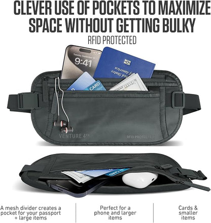 VENTURE 4TH Money Belt for Travel – Hidden Under-Clothes RFID Blocking Passport Holder & Slim Travel Wallet Pouch for Men & Women to Protect Cash, Cards & Documents (Sleek Gray)