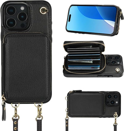 Bocasal Crossbody Wallet Case for iPhone 16 Pro Max, RFID Blocking Leather Purse Case with Card Holder, Protective Handbag Flip Cover with Zipper Wrist Strap Lanyard for Women 5G 6.9 Inch (Black) | RFID Blocking, Leather, Purse Case, Card Holder, Prote...