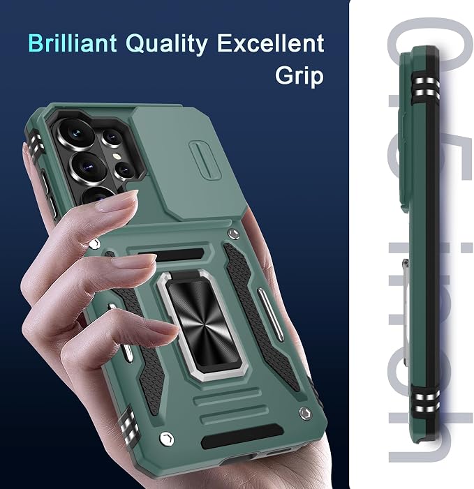 DEERLAMN Case for Samsung Galaxy S26 Ultra 6.9-Inch with Slide Camera Cover+Screen Protector(1 Pack), Rotated Ring Kickstand Military Grade Shockproof Protective Cover-Green