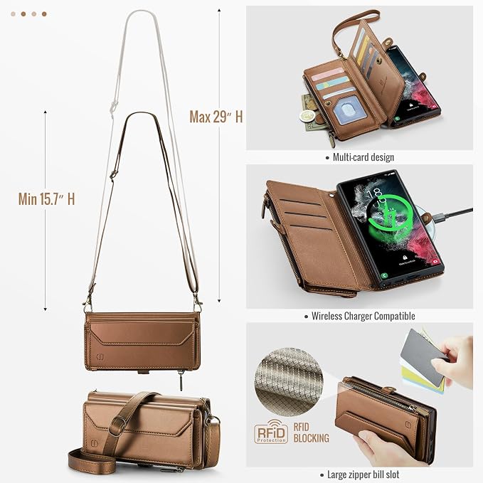 Strapurs Crossbody Wallet Case Compatible with Samsung Galaxy S22 Ultra 5G RFID Blocking 10-Card Holder Soft PU Leather Magnetic Snap Strap Zipper Pocket Phone Case Fit for Galaxy S22 Ultra - Brown