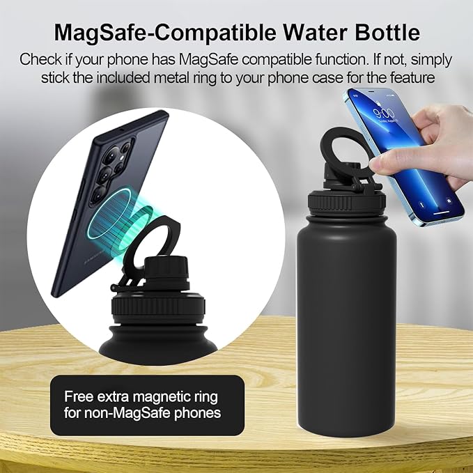 32oz Insulated Tumbler with Magnetic Phone Holder, Gym Water Bottle | Leak Proof Lid, 24hr Cold & 12hr Hot, Non-Slip Base | Travel Mug, Reusable & Eco-Friendly (black, 32, ounces)