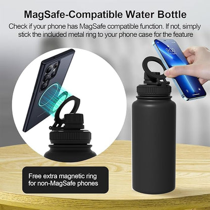 32oz Insulated Tumbler with Magnetic Phone Holder, Gym Water Bottle | Leak Proof Lid, 24hr Cold & 12hr Hot, Non-Slip Base | Travel Mug, Reusable & Eco-Friendly (black, 32, ounces)