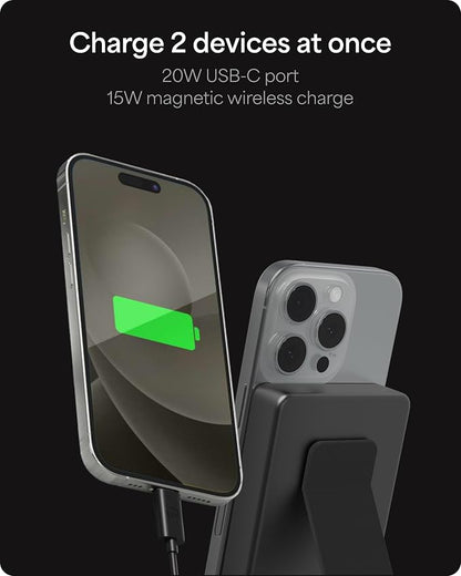 Mophie Powerstation Wireless Slim with Stand 10,000mAh Power Bank – MagSafe Compatible, 15W Qi2-Certified, 30W USB-C PD Fast Charging, Slim Battery Pack for iPhone, Android, Travel & Airplane Use