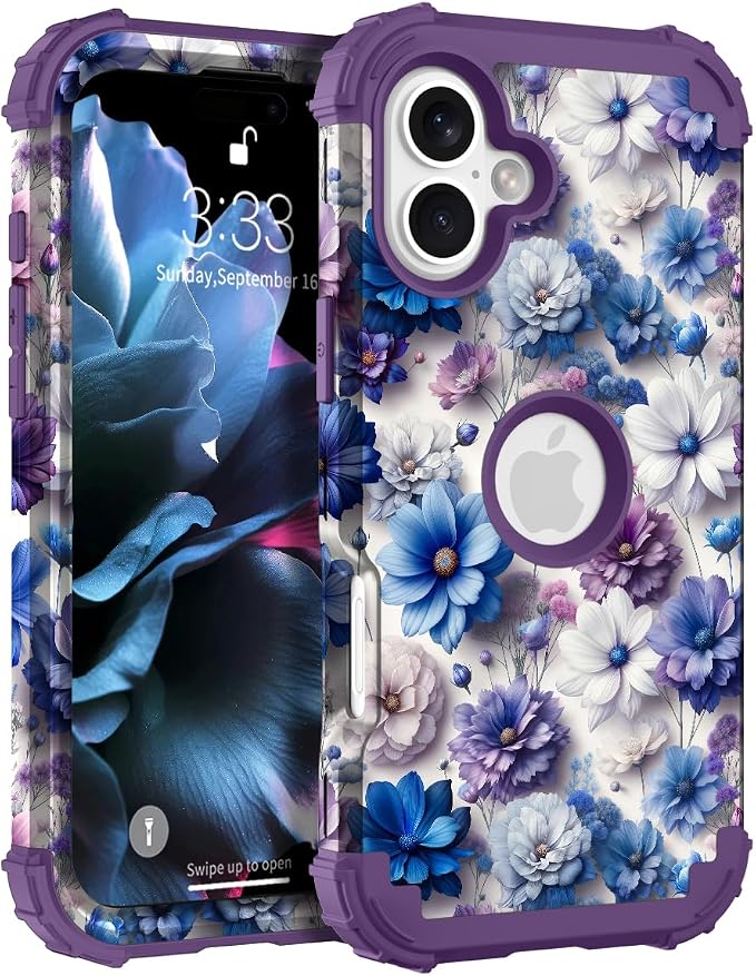 Hocase for iPhone 17 Case 6.3", Heavy Duty Shockproof Protection Soft Silicone Rubber+Hard Plastic Bumpers Hybrid Protective Case for iPhone 17 2025 - Blue Purple Flowers