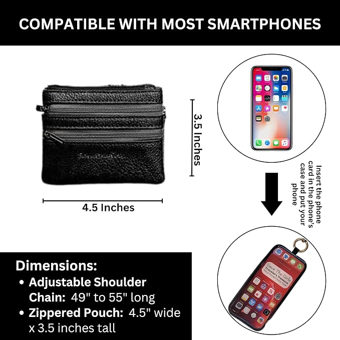 Save the Girls Clip and Go Phone Metal Chain with Pouch (Silver - Silver Pouch) – Stylish Phone Lanyard Crossbody with Wallet for Women, Hands-Free Carrying and Adjustable Crossbody Chain Strap