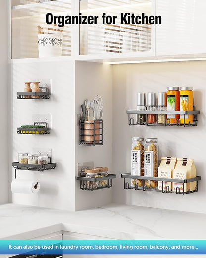 Shower Caddy 7 Pack, Adhesive Bathroom Shower Organizer for Bathroom Storage, No Drilling Large Capacity Rustproof Stainless Steel Shower Shelves Rack for Bath, Black