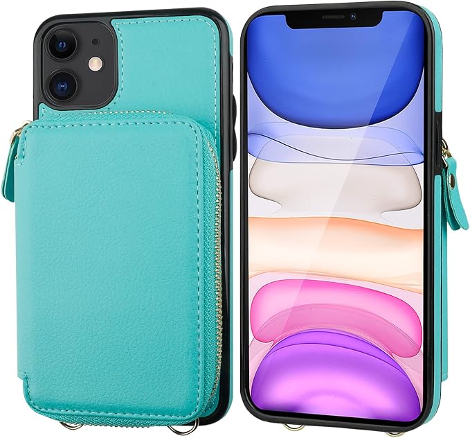Bocasal RFID Blocking Wallet Case for iPhone 11, Adjustable Crossbody Zipper Purse Case Card Holder with Kickstand Detachable Wrist Strap, PU Leather Flip Folio Case 6.1 Inch (Mint Green)