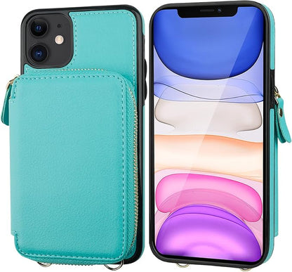 Bocasal RFID Blocking Wallet Case for iPhone 11, Adjustable Crossbody Zipper Purse Case Card Holder with Kickstand Detachable Wrist Strap, PU Leather Flip Folio Case 6.1 Inch (Mint Green)