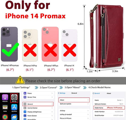 Wallet Case for iPhone 14 Pro Max with Card Holder/Crossbody Wallet/Strap| RFID Blocking | Magnetic | Kickstand | Detachable | PU Leather Phone Case for iPhone 14 Pro Max,6.7 in,Wine Red