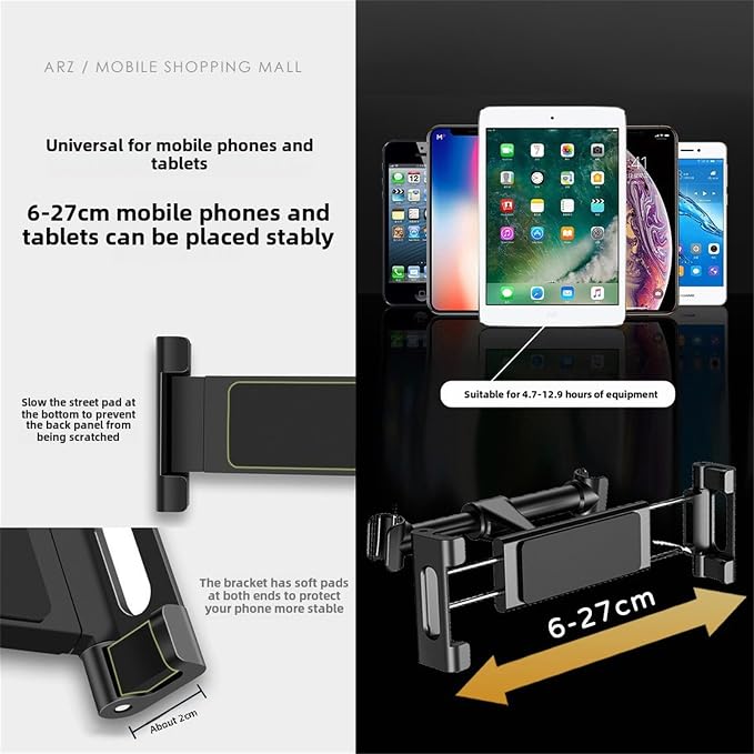 Car Headrest Tablet Mount, Multifunctional Retractable Lazy Phone and Tablet Holder for Car Rear Seat. (Black)