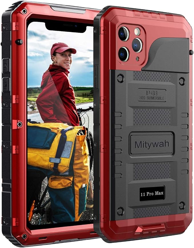 Mitywah Waterproof Case for iPhone 11 Pro Max, Heavy Duty Military Grade Shockproof Cover Built-in Screen Protection, Rugged Thick Full Body Protect Metal Case for iPhone 11 Pro Max, Red