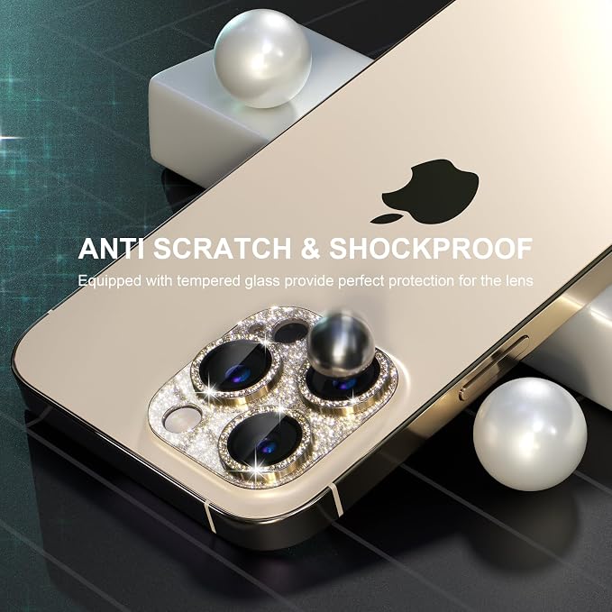 Choiche for iPhone 14 Pro/iPhone 14 Pro Max Camera Lens Protector, Bling Camera Cover with 9H Tempered Glass Lens Screen Protector Metal Ring Decoration Accessories (Glitter-Gold)