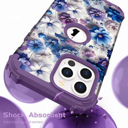 Hocase for iPhone 13 Pro Max Case, Heavy Duty Shockproof Protection Soft Silicone Rubber Bumper+Hard Plastic Hybrid Protective Case for iPhone 13 Pro Max (6.7") 2021 - Blue Purple Flowers