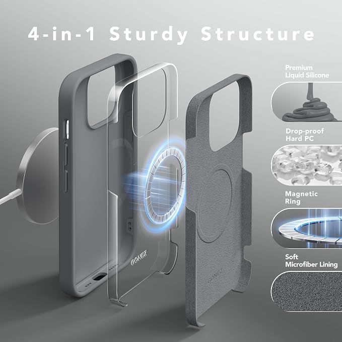 GONEZ for iPhone 14 Pro Case, Compatible with Magsafe, with Screen Protector + Camera Lens Protector, Soft Anti-Scratch Microfiber Lining, Shockproof Liquid Silicone Phone Cover, Dark Grey