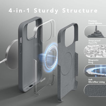 GONEZ for iPhone 14 Pro Case, Compatible with Magsafe, with Screen Protector + Camera Lens Protector, Soft Anti-Scratch Microfiber Lining, Shockproof Liquid Silicone Phone Cover, Dark Grey