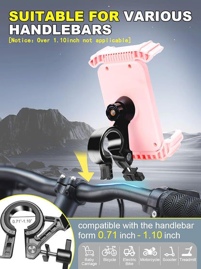 Bicycle Phone Holder,Motorcycle Handlebar Phone Mount,1S Quick Lock Release,360°Rotation Silicone Wrapped Phone Clamp Stand for E-bike,Scooter ATV Strollers Bike Phone Clip,for 4.7- 6.8"Phones