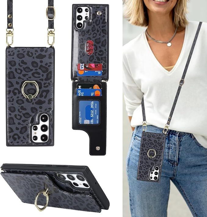 Lipvina for Samsung Galaxy S22 Ultra Case with Card Holder and Strap for Women,Crossbody Lanyard,RFID Blocking,Ring Stand,Snap Clasp,Cute Phone Wallet Cases 6.8 inch(Black Leopard)