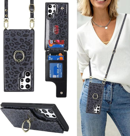 Lipvina for Samsung Galaxy S22 Ultra Case with Card Holder and Strap for Women,Crossbody Lanyard,RFID Blocking,Ring Stand,Snap Clasp,Cute Phone Wallet Cases 6.8 inch(Black Leopard)