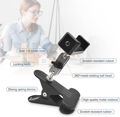 ROCKFREE Clip Phone Holder for Desk,Table,Desktop Baffle,Flat Surface, Pipe,Pole,Music Stand,with Strong Clamp 360°Adjustable Metal Arm Cell Phone Mount, Compatible with All 4-7” Smartphone