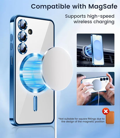 Slim Thin for Samsung Galaxy S25 Plus Clear Case, Compatible with MagSafe, Built-in Camera Lens Protector, Shockproof Protective Phone Case, Electroplated Bumper Cover, Sapphire Blue