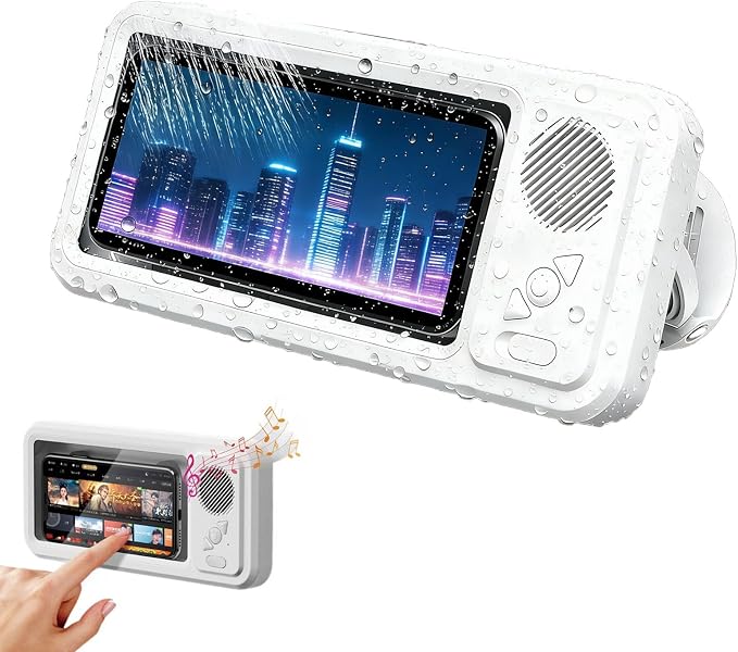 Shower Phone Holder with Wireless Bluetooth Speaker,Waterproof, Secure Attachment for Any Phone, Hands-Free Bathroom Entertainment, Play Music and Take Calls