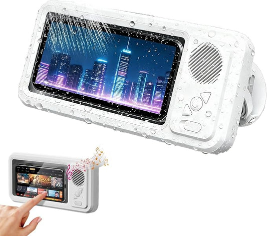 Shower Phone Holder with Wireless Bluetooth Speaker,Waterproof, Secure Attachment for Any Phone, Hands-Free Bathroom Entertainment, Play Music and Take Calls