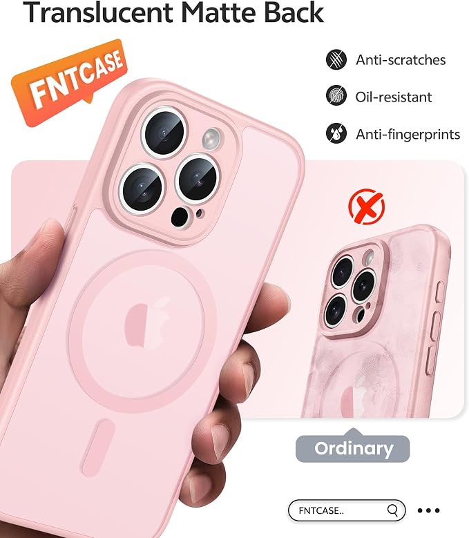 FNTCASE for iPhone 15 Pro Max Case: [Compatible with Magsafe] Translucent Matte Cases with [Full Camera Protection] [Screen Protector] Military Grade Shockproof Protective Phone Cover - Light Pink