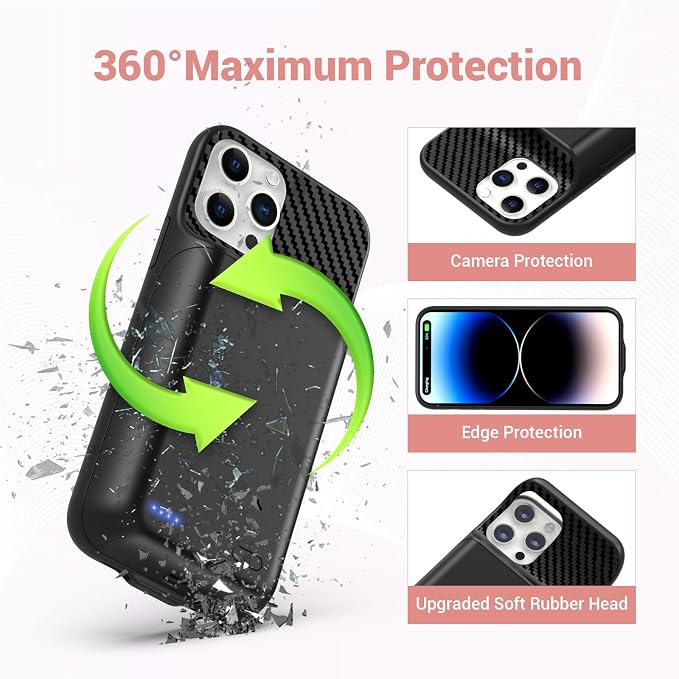 13800mAh High Capacity Battery Case for iPhone 14 Pro (6.1 inch), 2025 Upgraded Battery Pack Rechargeable Charger External Charging Case with Tempered Glass Screen Protector Black