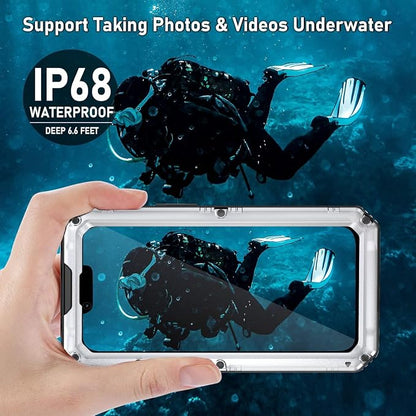 Beasyjoy for iPhone 13 Case Waterproof, Metal Phone Case with Built-in Screen Protector, Heavy Duty Full Body Protective Military Grade Shockproof Rugged Defender Cover 6.1 Inch, Silver