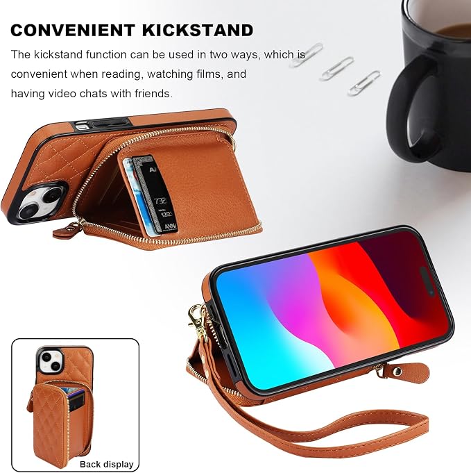 Bocasal Crossbody Wallet Case for iPhone 15 Plus, RFID Blocking PU Leather Zipper Handbag Purse Flip Cover, Kickstand Folio Case with Card Slots Holder Wrist Strap Lanyard 5G 6.7 Inch (Brown)