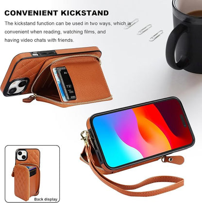 Bocasal Crossbody Wallet Case for iPhone 15 Plus, RFID Blocking PU Leather Zipper Handbag Purse Flip Cover, Kickstand Folio Case with Card Slots Holder Wrist Strap Lanyard 5G 6.7 Inch (Brown)