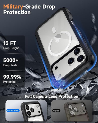 seacosmo for iPhone 17 Pro Max Case, Full Body Bumper with Built-in 9H Tempered Glass Screen and Camera Lens Protector, Compatible with MagSafe, Shockproof 17 Pro Max Phone Case, 6.9", Black
