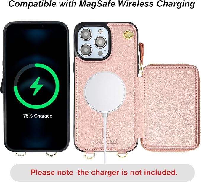 Bocasal for MagSafe Crossbody Wallet Case Compatible with iPhone 14 Pro Max, RFID Blocking Protective Purse Case with Card Slots Holder Kickstand Wrist Strap Lanyard Zipper 6.7 Inch 5G (Rose Gold)