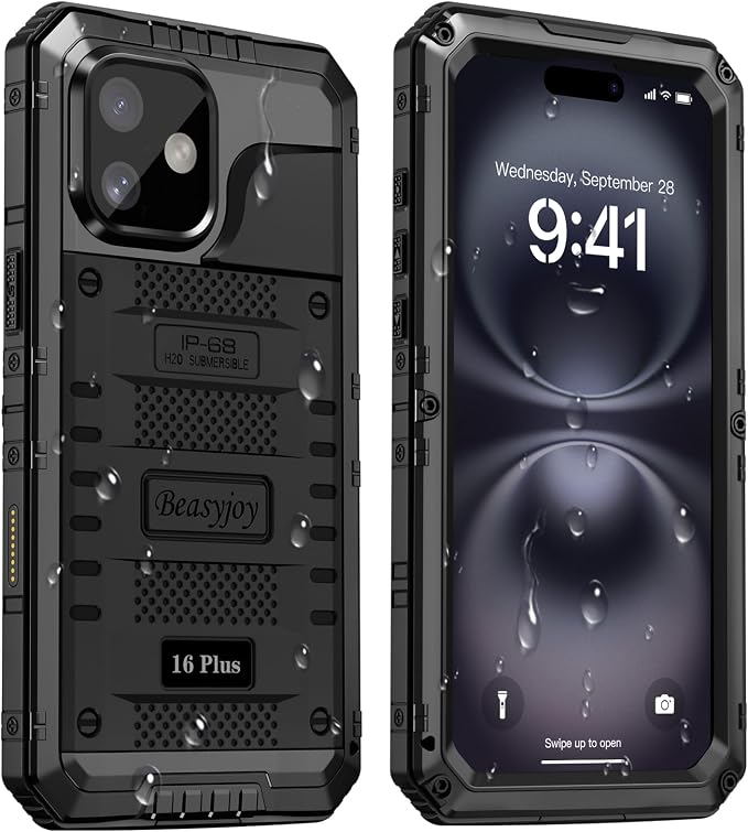 Beasyjoy for iPhone 16 Plus Case Waterproof, Metal Heavy Duty Full Body Protective Case with Built-in Screen Protector, Military Grade Shockproof Defender Cover for iPhone 16 Plus 6.7", Black