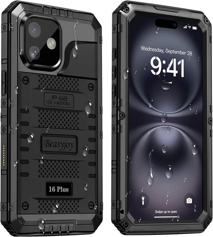 Beasyjoy for iPhone 16 Plus Case Waterproof, Metal Heavy Duty Full Body Protective Case with Built-in Screen Protector, Military Grade Shockproof Defender Cover for iPhone 16 Plus 6.7", Black