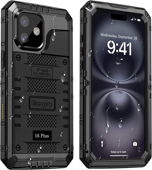 Beasyjoy for iPhone 16 Plus Case Waterproof, Metal Heavy Duty Full Body Protective Case with Built-in Screen Protector, Military Grade Shockproof Defender Cover for iPhone 16 Plus 6.7", Black