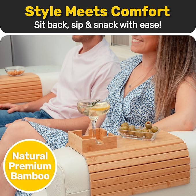 FUN FOREST Bamboo Couch Cup Holder Tray - Non-Slip Furniture Protector, Sofa Armrest Table for Mugs & Tumblers – Weighted 16” Large Natural Bamboo Drink Caddy for Recliners and Loveseats