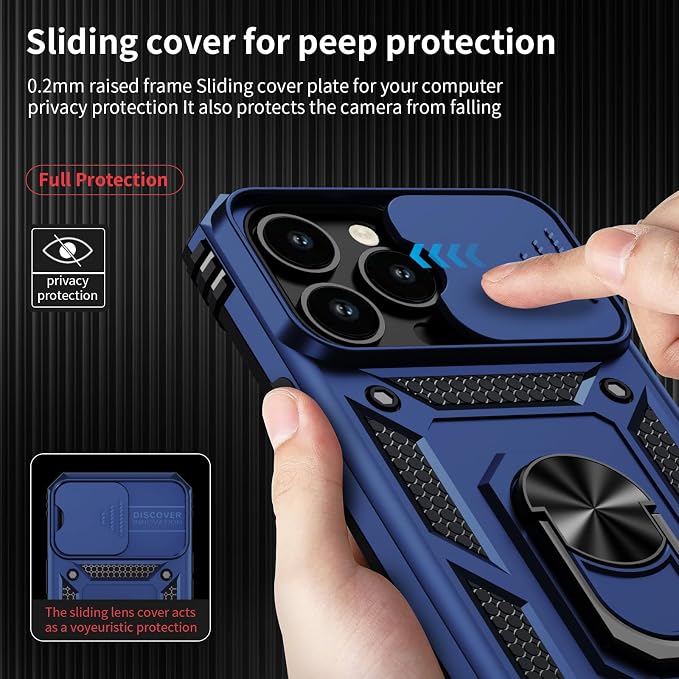 Vinve for iPhone 14 Pro Max Case with Slide Lens Cover HD Screen Protector, Military Grade Drop Protection, Magnetic Rotated Ring Holder Kickstand Protective Phone Case (Navy Blue)